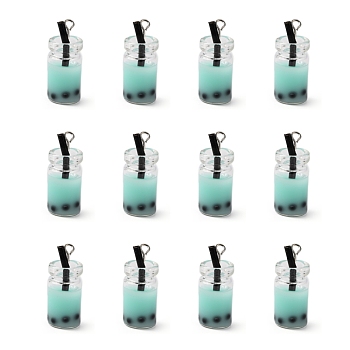 Glass Bottle Pendants, with Resin Inside, Imitation Bubble Tea/Boba Milk Tea, Pale Turquoise, 27x12x10mm, Hole: 1.8mm