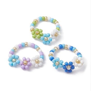 3Pcs 3 Color Glass Seed Beaded Stretch Rings Sets. Flower Stackable Rings, Mixed Color, US Size 7 1/4(17.5mm), 1Pc/color