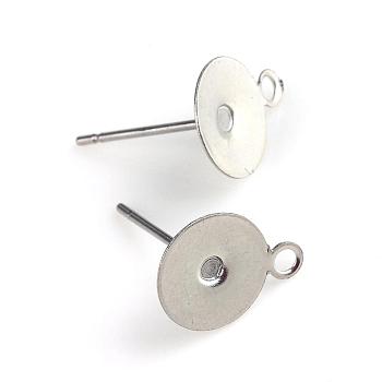 304 Stainless Steel Stud Earring Settings, with Loop, Flat Round, Stainless Steel Color, Tray: 8mm, 10x8mm, Hole: 1mm, Pin: 0.8mm
