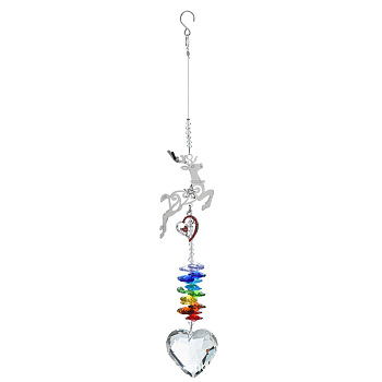 Christmas Glass Heart Pendant Decoration, Hanging Suncatchers, with Iron Findings and Glass Bead, for Window Home Garden Decoration, Deer, 328mm