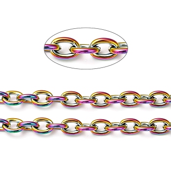 Ion Plating(IP) 304 Stainless Steel Cable Chains, with Spool, Unweled, Rainbow Color, 8x6x1.5mm, about 32.8 Feet(10m)/roll