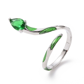 Cubic Zirconia Snake Wrap Open Cuff Ring, Platinum Plated Brass Jewelry for Women, Green, US Size 6 1/2(16.9mm)