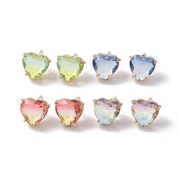 Glass Stud Earring, with Brass Finding, Heart, Mixed Color, 12x13.5mm
