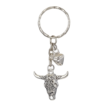 Tibetan Style Alloy Bull Head Kcychain, with Iron Findings and Iron Bells Charm, Antique Silver & Platinum, 7.5cm