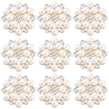 25Pcs Alloy Rhinestone Cabochons, with Plastic Imitation Peals, Flower, Golden, White, 27.5x28x9mm