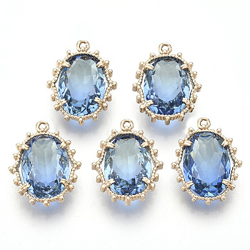 Transparent Faceted Glass Pendants, with Golden Tone Brass Open Back Settings, Oval, Light Sky Blue, 20x15x6mm, Hole: 1.2mm