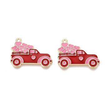 Alloy Enamel Pendants, Golden, Car with Heart Charms, Cadmium Free & Nickel Free & Lead Free, Red, 23x30x2.5mm, Hole: 1.8mm