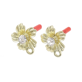 Rack Plating Golden Alloy with Rhinestone Stud Earring Findings, with Loops and 304 Stainless Steel Pins, Cadmium Free & Nickel Free & Lead Free, Flower, 16x13mm, Hole: 1.6mm, Pin: 0.7x10mm