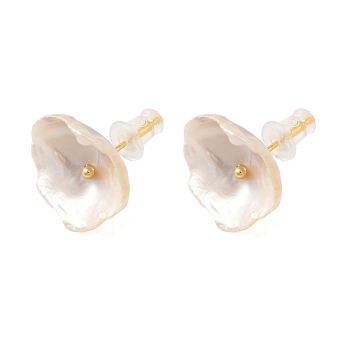Sterling Silver Studs Earrings, with Natural Pearl,  Jewely for Women, Flower, Real 18K Gold Plated, 15x15mm