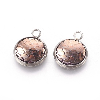 Resin Pendants, with 304 Stainless Steel Finding, Flat Round with Mermaid Fish Scale Shaped, Stainless Steel Color, Camel, 18x14x3.5mm, Hole: 2mm