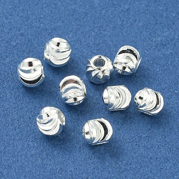 Rack Plated Brass Beads, Long-Lasting Plated, Lead Free & Nickel Free & Cadmium Free, Round with Textured, Silver, 4x3.5mm, Hole: 1.5mm