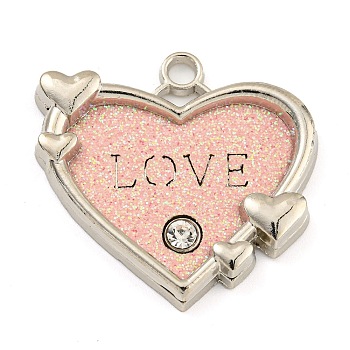 Alloy Pendants, with PU Leather, Rhinestone and Glitter Powder, Heart with Word Love, Cadmium Free & Lead Free, Pink, 29.5x31x4.5mm, Hole: 3mm