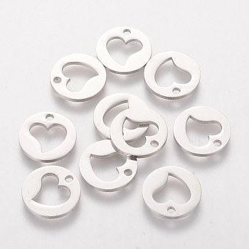 201 Stainless Steel Charms, Flat Round with Heart, Stainless Steel Color, 12mm