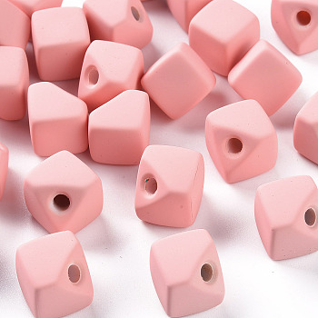 Acrylic Beads, Rubberized Style, Half Drilled, Gap Cube, Light Coral, 13.5x13.5x13.5mm, Hole: 3.5mm
