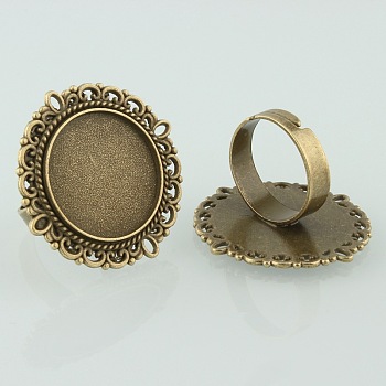 Vintage Adjustable Iron Finger Ring Components Alloy Cabochon Bezel Settings, Cadmium Free & Nickel Free & Lead Free, Antique Bronze, Flat Round Tray: 20mm, 17mm
