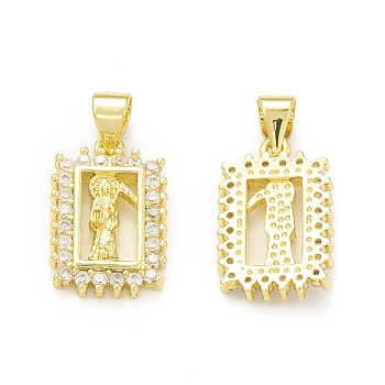 Rack Plating Brass Micro Pave Clear Cubic Zirconia Pendants, Cadmium Free & Lead Free, Long-Lasting Plated, Rectangle with Saint Charm, Real 18K Gold Plated, 17x11x3mm, Hole: 4x3.5mm