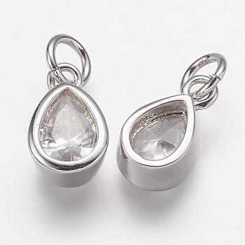 Brass Micro Pave Grade AAA Cubic Zirconia Charms, Lead Free & Nickel Free & Cadmium Free, teardrop, Real Platinum Plated, 11.5x7x4mm, Hole: 3mm