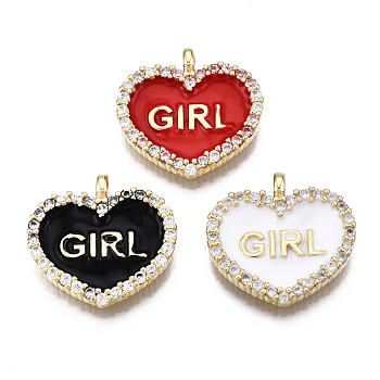 Brass Micro Pave Clear Cubic Zirconia Pendants, with Enamel, Nickel Free, Real 16K Gold Plated, Heart with Word Girl, Mixed Color, 17x18x3mm, Hole: 2mm