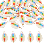 30Pcs Natural Cowrie Shell Pendants, 7 Chakra Glass Round Seed Beaded Wrapped Charms, Light Gold, Colorful, 25~30mm, Hole: 1.8~2.8mm, 10pcs/bag(FIND-ME0002-51)