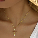 Elegant Brass Pave Clear Cubic Zirconia & White Imitation Pearl Cross Pendant Necklaces for Women, Golden, 17.72 inch(45cm)(JU1999)