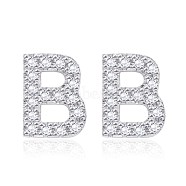 Brass Cubic Zirconia Stud Earrings, with Ear Nuts, Alphabet, Letter B, Clear, Platinum, 12x9x2.5mm, Pin: 0.7mm(EJEW-BB35118-B)