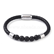 Round Natural Lava Rock Bead Bracelets, Braided Leather Cord Bracelets with Stainless Steel Color Tone 304 Stainless Steel Magnetic Clasps, for Men Women, 8 inch(20.3cm), 6~10mm(BJEW-A009-08P-03)