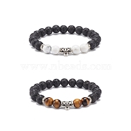 2Pcs 2 Style Natural Howlite & Tiger Eye & Lava Rock Stretch Bracelets Set with Alloy Tube, Essential Oil Gemstone Jewelry for Women, Inner Diameter: 2 inch(5cm), 1Pc/style(BJEW-JB08474)