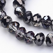 Half Plated Faceted Rondelle Electroplate Glass Beads Strands, Black Plated, 6x4mm, Hole: 1mm, about 85pcs/strand, 16 inch(GLAA-A024D-HP02)
