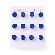 6 Pairs Cubic Zirconia Flat Round Stud Earrings, 304 Stainless Steel Jewelry for Women, Mixed Color, Medium Blue, 8mm, Pin: 0.7mm(EJEW-G291-05C-M)