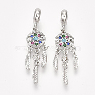Alloy European Dangle Charms, with Rhinestone, Large Hole Pendants, Woven Net/Web with Feather, Platinum, Colorful, 44mm, Hole: 4mm(X-MPDL-S066-073)