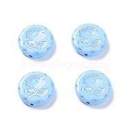 Opaque Acrylic Beads, Metal Enlaced, Flat Round with Flower Pattern, Light Sky Blue, 17.5~18x5~5.5mm, Hole: 1.8mm, about 399pcs/500g(OACR-G016-27H)