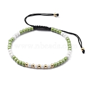 Adjustable Nylon Cord Braided Bead Bracelets, with Glass Seed Beads and Brass Beads, Green Yellow, Inner Diameter: 2-3/8~3-3/4 inch(5.9~9.4cm)(BJEW-JB05480-03)