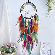Iron & Woven Web/Net with Feather Pendant Decorations, with Glass & Wood Beads, for Home Hanging Decorations, Colorful, 700x160mm(PW-WG44764-01)