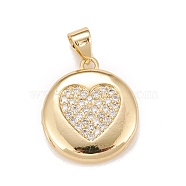 Brass Micro Pave Cubic Zirconia Locket Pendants, Photo Frame Charms for Necklaces, Real 18K Gold Plated, Lead Free & Cadmium Free, Flat Round with Heart, Clear, 18.5x16x4.5mm, Hole: 4x3mm, Inner Diameter: 11mm(KK-A161-38A-G)