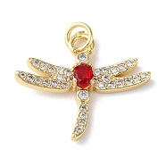 Brass Micro Pave Cubic Zirconia Pendants, Long-Lasting Plated, Dragonfly Shape, Real 18k Gold Plated, Fuchsia, 18.5x21.5x3.5mm, Hole: 2.5mm(ZIRC-H102-05B-G)