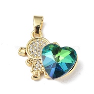Real 18K Gold Plated Rack Plating Brass Micro Pave Clear Cubic Zirconia Pendants, with Glass, Long-Lasting Plated, Cadmium Free & Lead Free, Girl with Heart Charm, Medium Turquoise, 20.8x17x8mm, Hole: 6x3mm(KK-C015-23G-09)