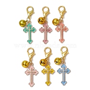 Cross Alloy Enamel Pendants Decorations, with Alloy Lobster Claw Clasps and Brass Bell Charm, Mixed Color, 41mm, 6pcs/set(HJEW-JM01075)