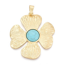 Saint Patrick's Day Synthetic Turquoise Big Pendants, Alloy Gems Clover Charms, Cadmium Free & Lead Free, Rack Plating, Matte Gold Color, 77.5x70x7.5~8mm, Hole: 11.5x5mm(PALLOY-N179-61MG)