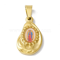 Vacuum Plating 304 Stainless Steel Pendants, with Enamel, Religion, Golden, Teardrop with Human, Colorful, 22x13x2.5mm, Hole: 6.5x3mm(STAS-A062-23B-G)