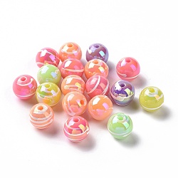 UV Plating Rainbow Iridescent Drawbench Acrylic Beads, Round, White, 12x11~11.5mm, Hole: 2mm(OACR-E009-10C)