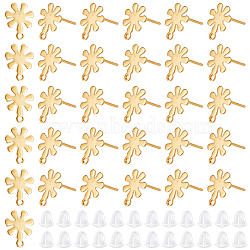 80Pcs 201 Stainless Steel Stud Earrings Findings, with Horizontal Loops & 304 Stainless Steel Pin & 150Pcs Plastic Ear Nuts, Flower, Real 18K Gold Plated, 11.5x9mm, Hole: 1.2mm, Pin: 0.7mm(STAS-UN0044-73)