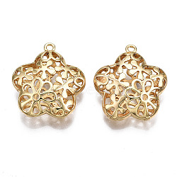 Brass Pendants, Hollow, Nickel Free, Flower, Real 18K Gold Plated, 27x24x9mm, Hole: 1.8mm(KK-S356-407-NF)