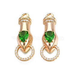 Brass Clear & Green Cubic Zirconia Connector Charms, Cadmium Free & Nickel Free & Lead Free, Snake, Real 18K Gold Plated, 33x12x8mm, Hole: 3mm(KK-N216-356LG)