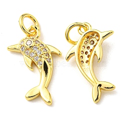 Rack Plating Brass Micro Pave Clear Cubic Zirconia Pendants, with Jump Ring, Dolphin Charm, Real 18K Gold Plated, 17x10.5x3mm, Hole: 3.2mm(KK-D036-23G)