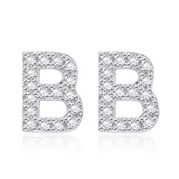 Brass Cubic Zirconia Stud Earrings, with Ear Nuts, Alphabet, Letter B, Clear, Platinum, 12x9x2.5mm, Pin: 0.7mm