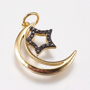 Brass Micro Pave Cubic Zirconia Pendants, Moon with Star, Golden, 18x13.5x1.5mm, Hole: 3.5mm
