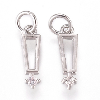Brass Charms, with Micro Pave Cubic Zirconia and Jump Rings, Trapezoid, Clear, Platinum, 11x3x1.5mm, Hole: 2.3mm