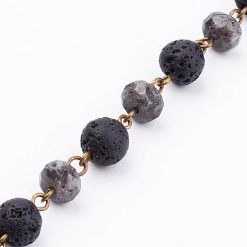 Handmade Round Natural Labradorite Beads Chains for Necklaces Bracelets Making, Unwelded, with Lava Rock Beads and Iron Eye Pin, 39.37 inch(1m)