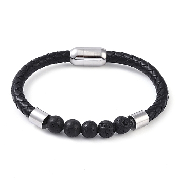 Round Natural Lava Rock Bead Bracelets, Braided Leather Cord Bracelets with Stainless Steel Color Tone 304 Stainless Steel Magnetic Clasps, for Men Women, 8 inch(20.3cm), 6~10mm