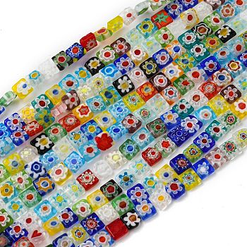 Handmade Millefiori Glass Bead Strands, Square, Mixed Color, 6x6x2.5mm, Hole: 0.6mm, about 65pcs/strand, 15.47''(39.3cm)